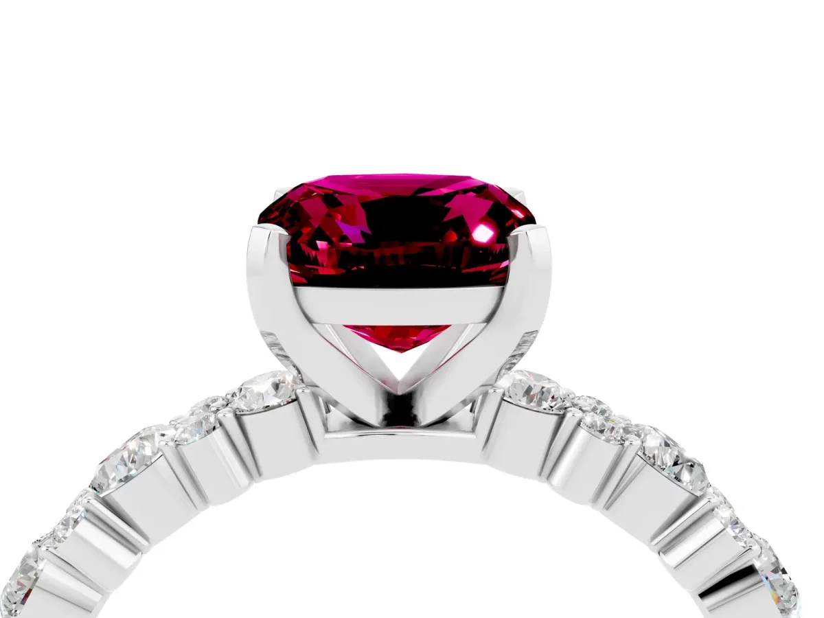 Cushion Cut Garnet Side Stone Solitaire Ring with Round and Four-Prong Setting Silver