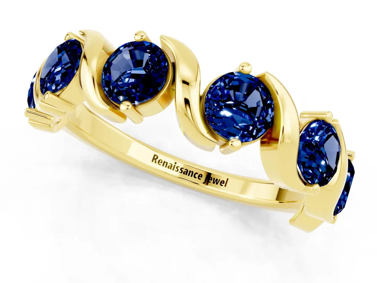 Round Blue Sapphire Half Eternity Band with Wave Prong Setting Yellow gold