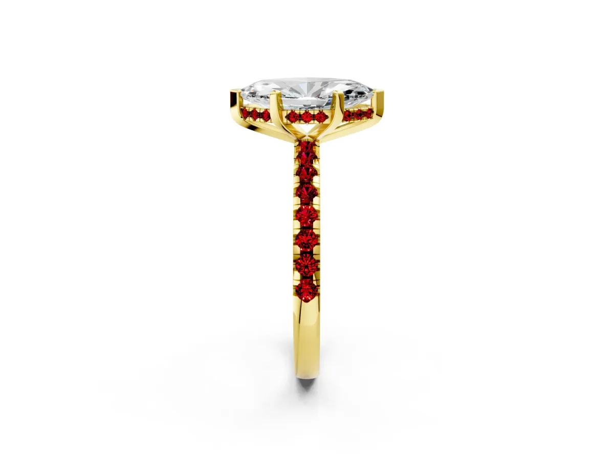 Marquise Cut Diamond Solitaire Ring with Round Ruby Pavé Band and Four-Prong Setting Yellow gold