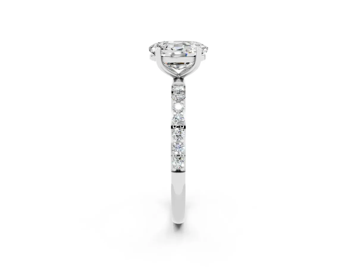 Oval Cut Moissanite Solitaire Ring with Round Pavé Band and Prong Setting Silver