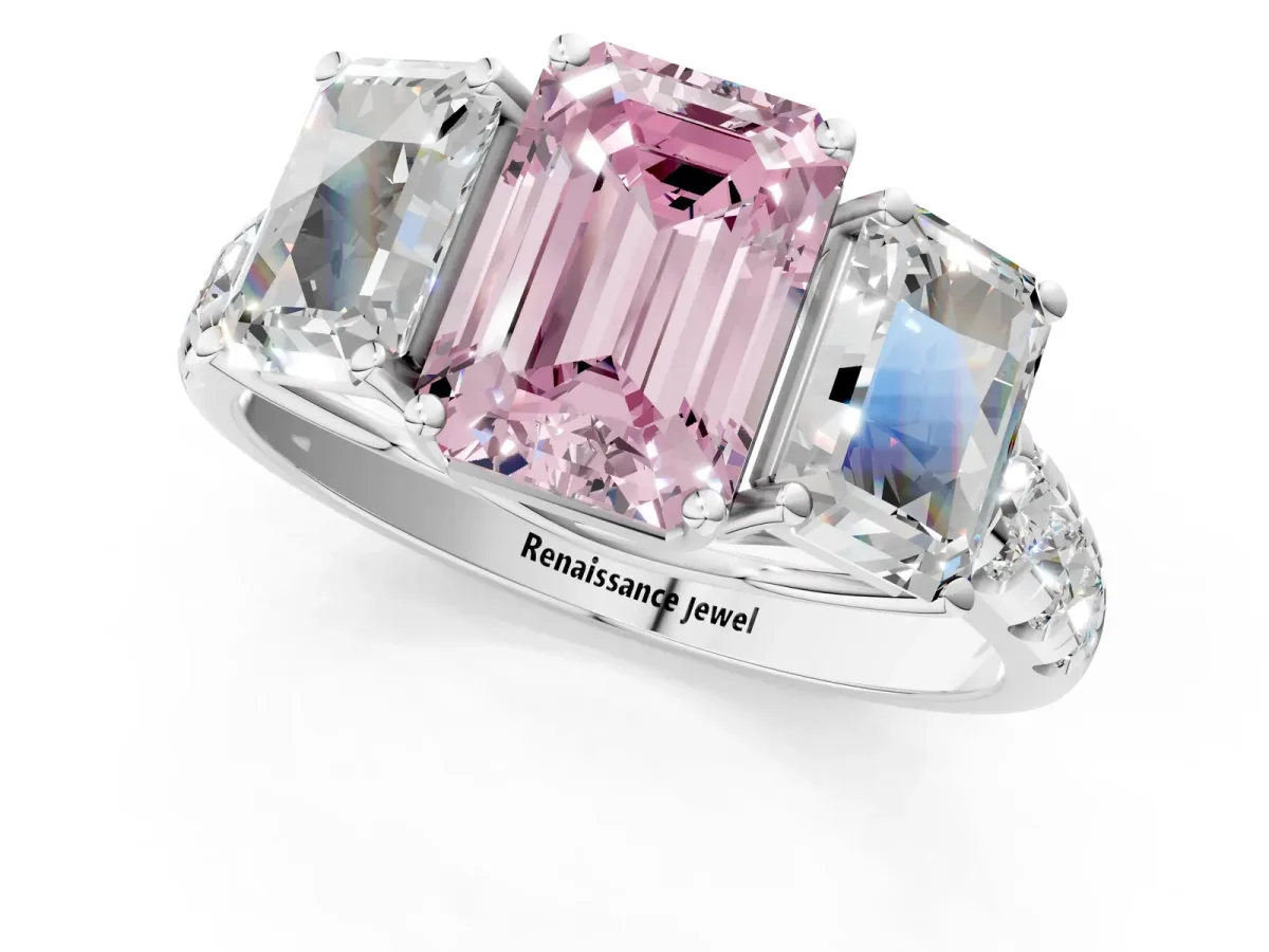 Fancy Pink Three-Stone Emerald Cut Diamond Pavé Band with Prong Setting Platinum