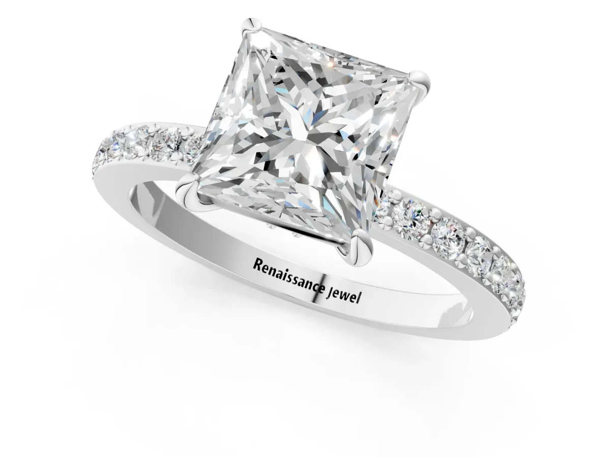 Princess Cut Diamond Solitaire Engagement Ring with Pavé Band and Four-Prong Setting Silver