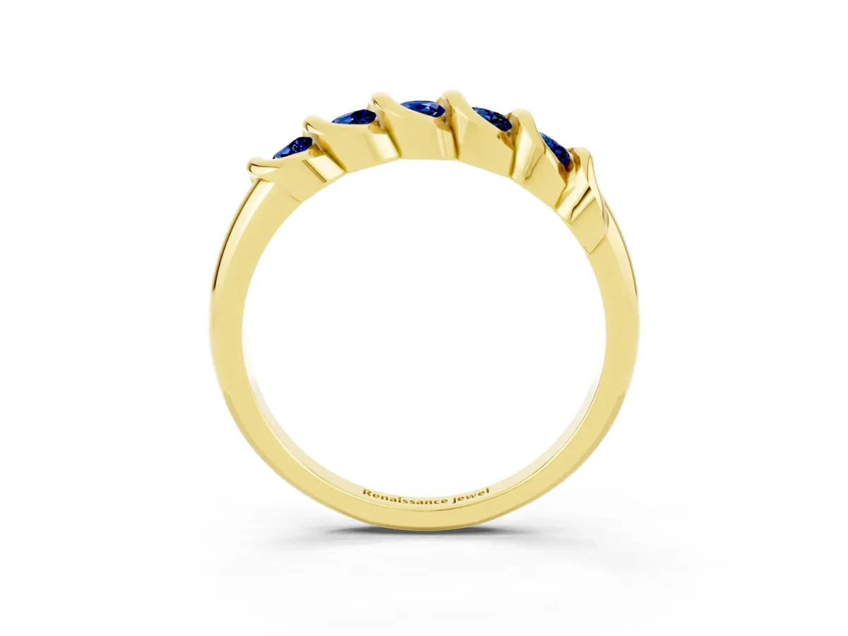 Round Blue Sapphire Eternity Band with Twist Prong Setting Yellow gold