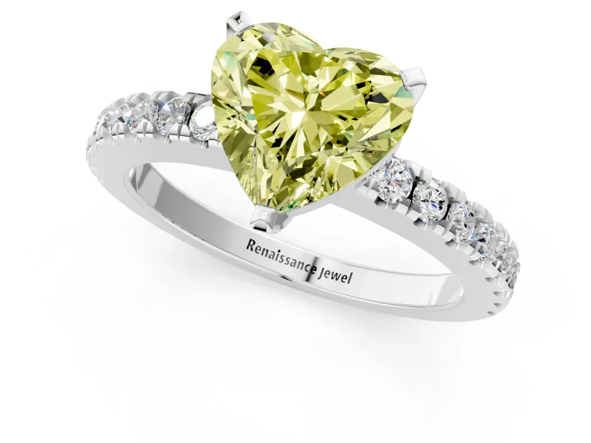 Fancy Yellow Heart Cut Solitaire Diamond with Pavé Band and Four-Prong Setting Silver