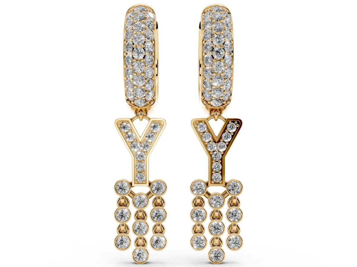 Round Diamond Initial Y Huggie Hoop Earrings Yellow gold