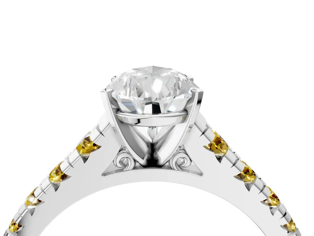 Pear Cut Diamond Cathedral Solitaire Ring with Round Yellow Sapphire Pavé Band Silver