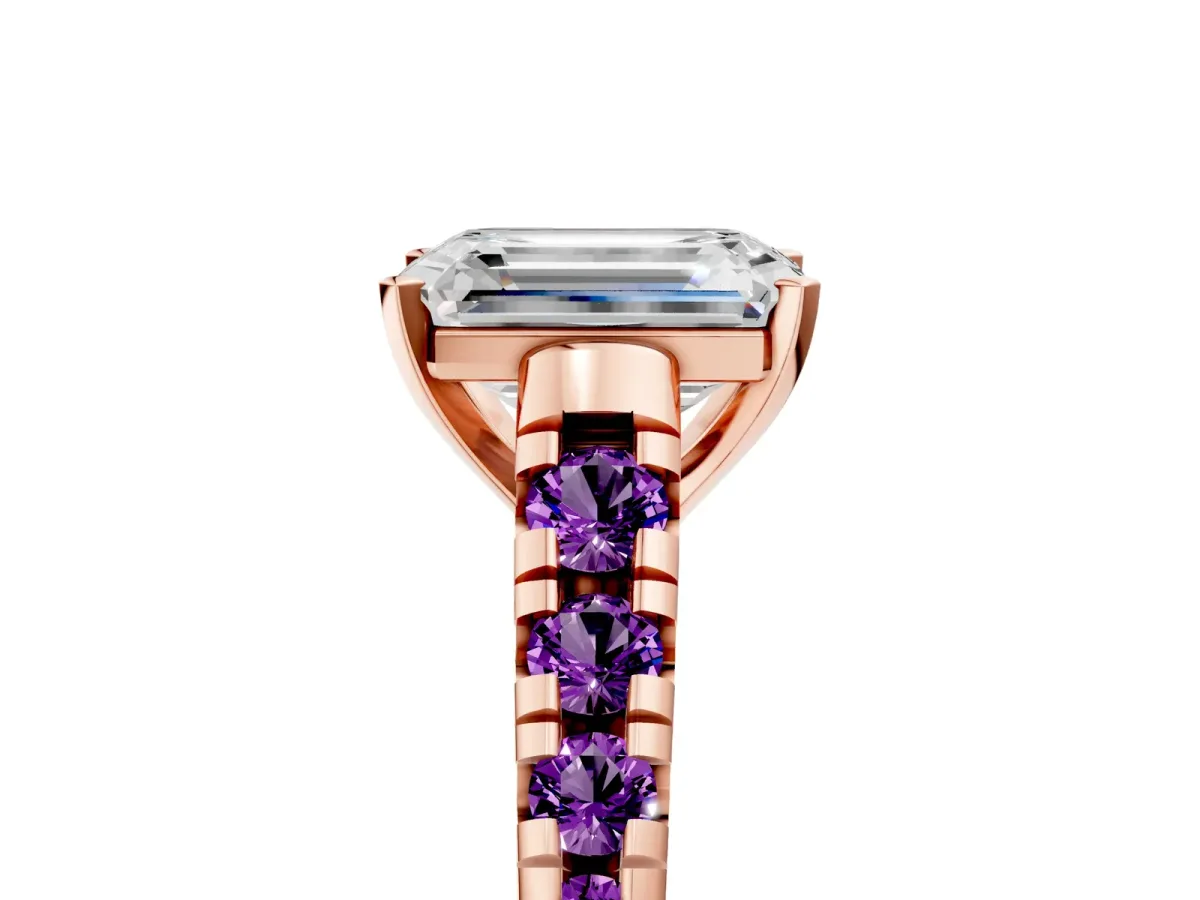 Emerald Cut Diamond Cathedral Solitaire Ring with Round Amethyst Pavé Band Rose gold