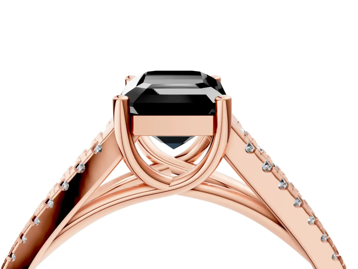 Fancy Black Emerald Cut Diamond Solitaire Engagement Ring with Split Shank Pavé Band Rose gold