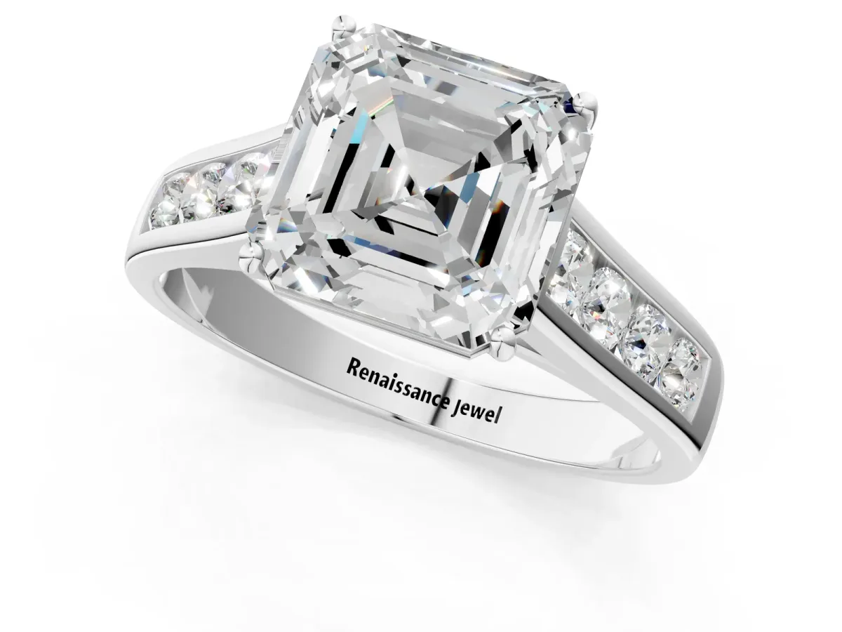 Asscher Cut Solitaire Channel-Set Diamond Engagement Ring with Four-Prong Setting Platinum