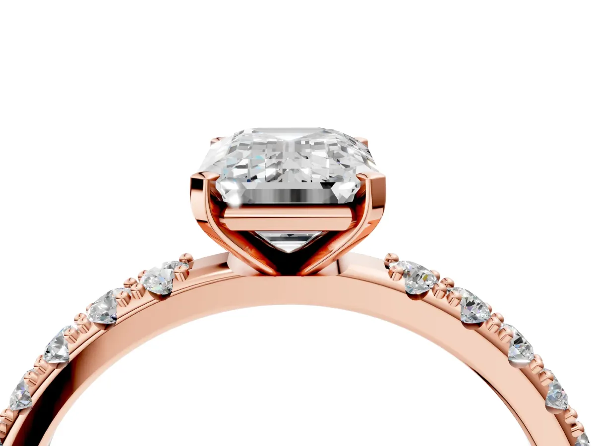 Emerald Cut Diamond Solitaire Pavé Band with Four-Prong Setting Rose gold
