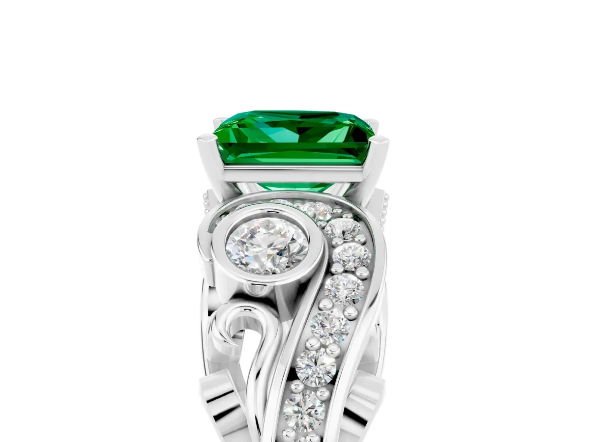 Princess Cut Emerald Solitaire Ring with Milgrain Pavé Band and Four-Prong Setting Silver