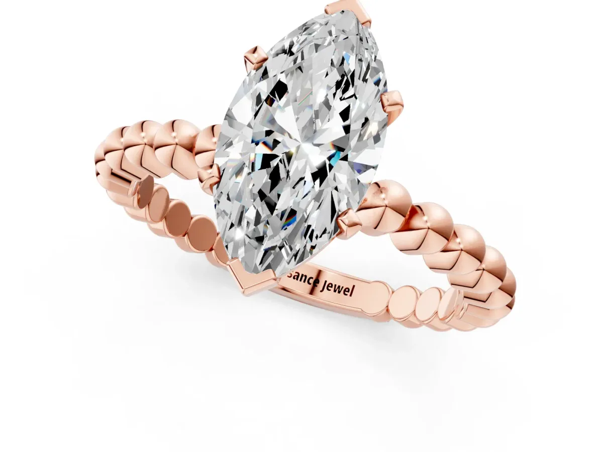 Marquise Cut Diamond Solitaire Ring with Beaded Band and Prong Setting Rose gold