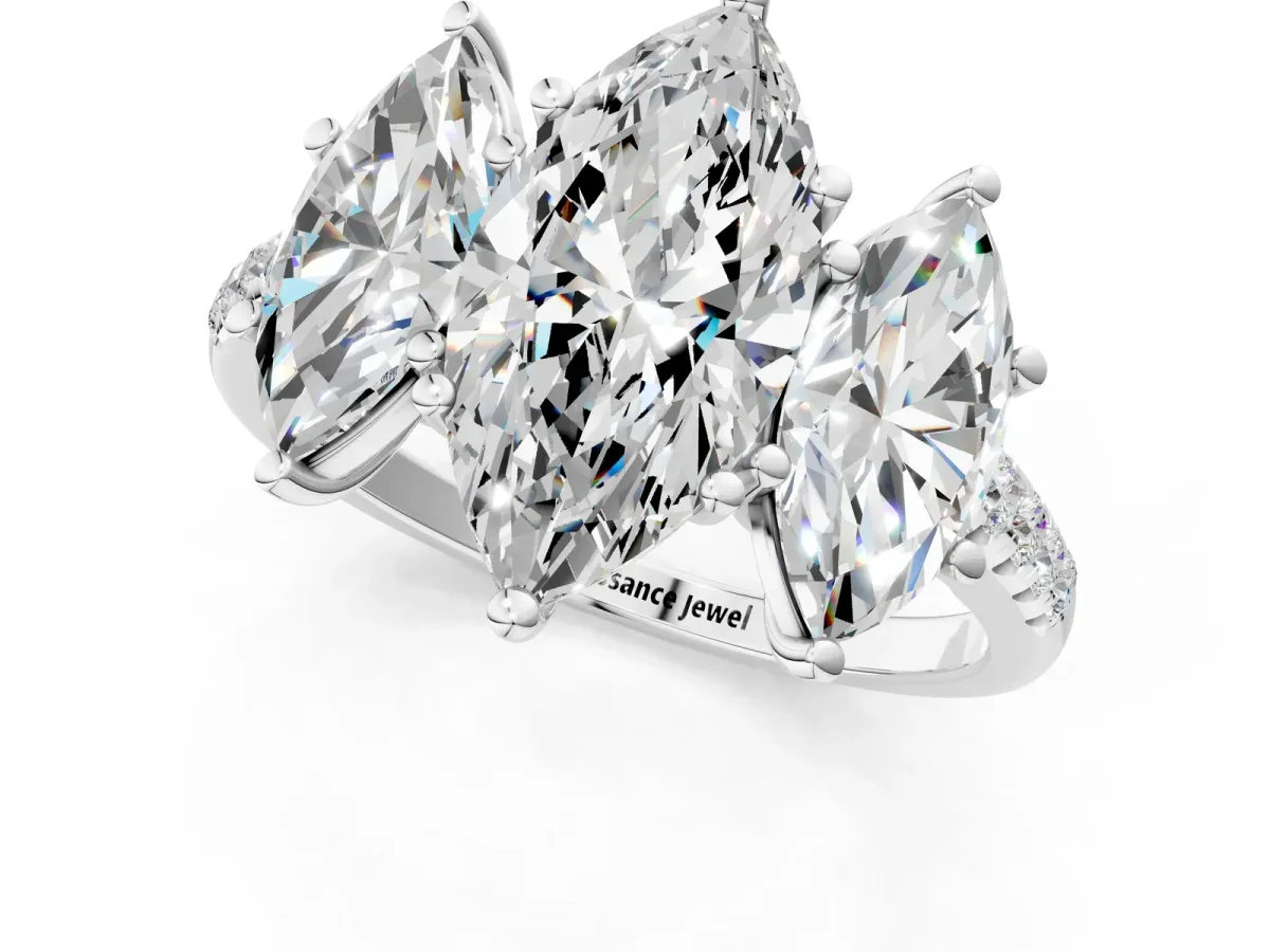 Three-Stone Marquise Cut Diamond Ring with Round Moissanite Pavé Band and Prong Setting Silver