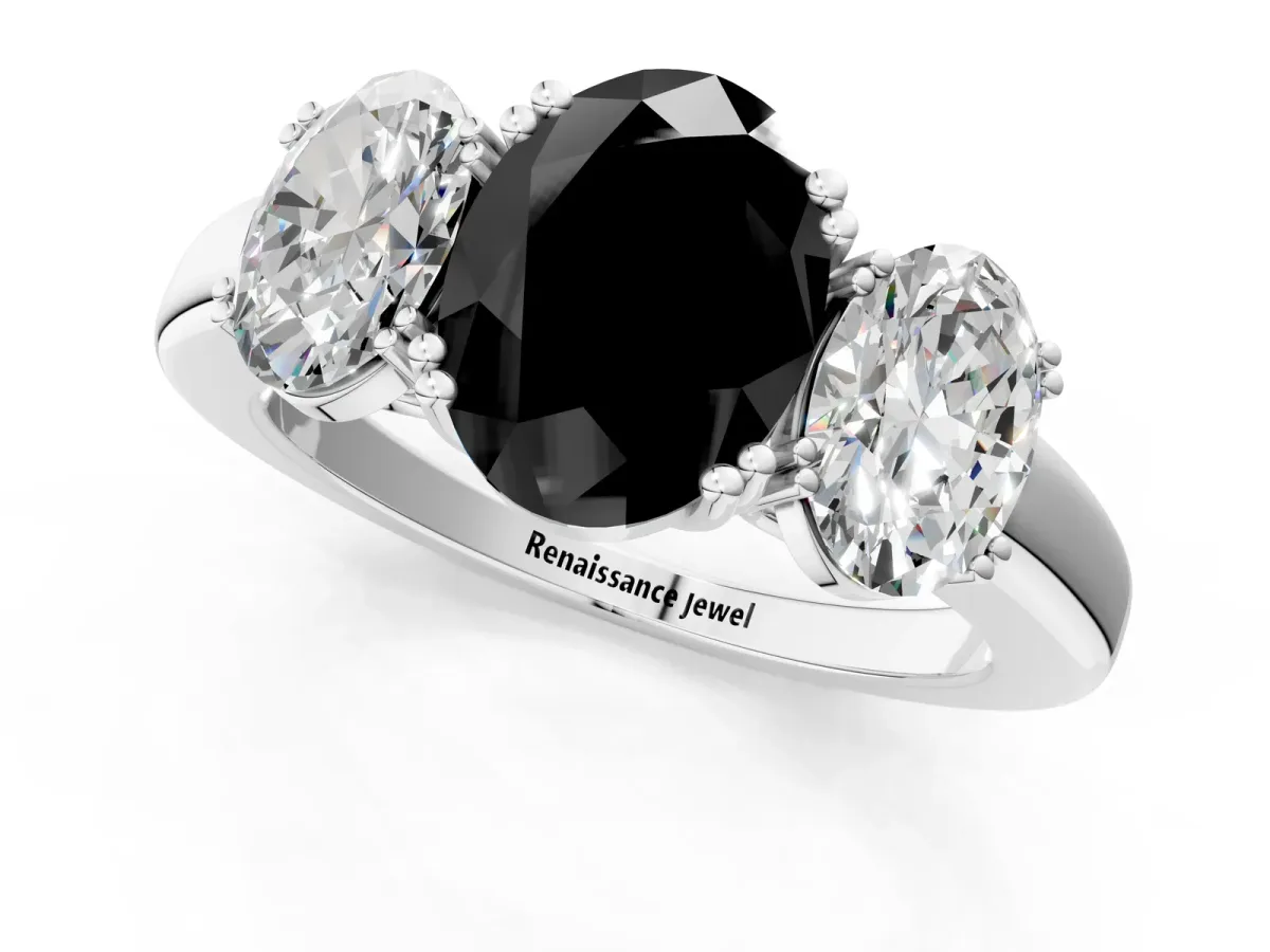 Fancy Black Three-Stone Oval Cut Cut Diamond Ring with Channel Set Band and Four-Prong Setting Silver