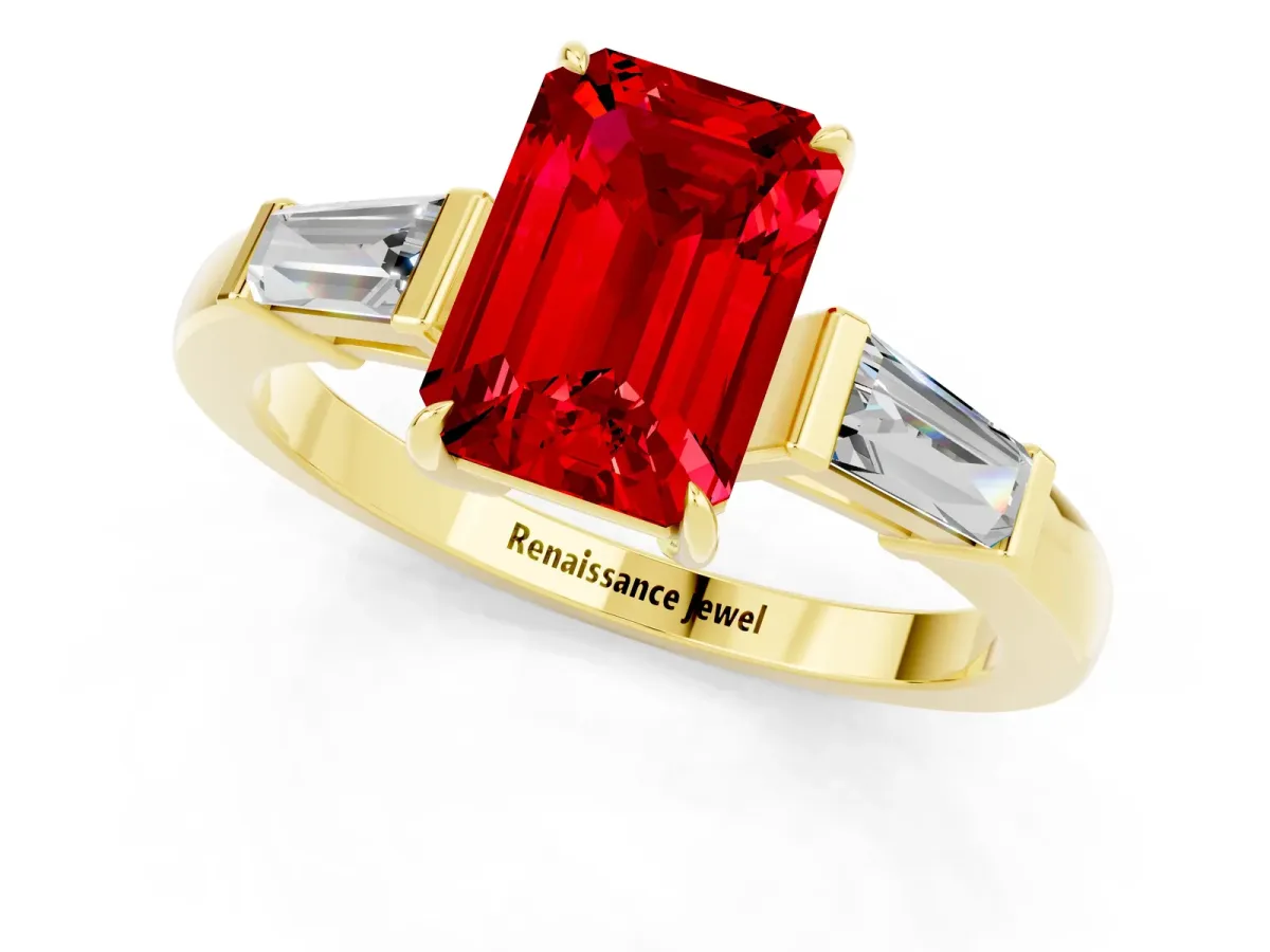Emerald Cut Ruby Three-Stone Ring with Tapered Baguette Side Stones and Prong Setting Yellow gold