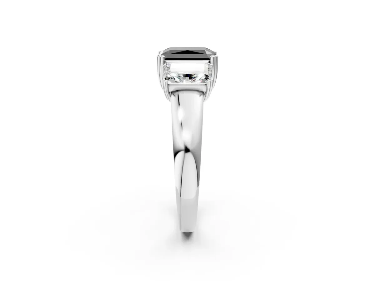 Fancy Black Three-Stone Radiant Cut Cut Diamond Ring with Channel Set Band and Four-Prong Setting Silver
