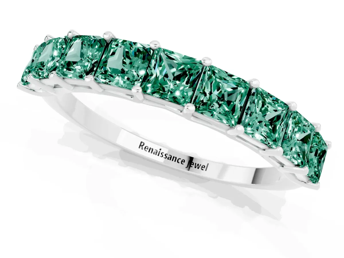 Princess Cut Green Sapphire Channel-Set Eternity Band with Prong Setting Silver