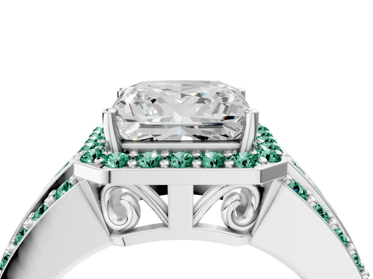 Princess Cut Halo Diamond Ring with Round Green Sapphire Split Shank and Prong Setting Silver