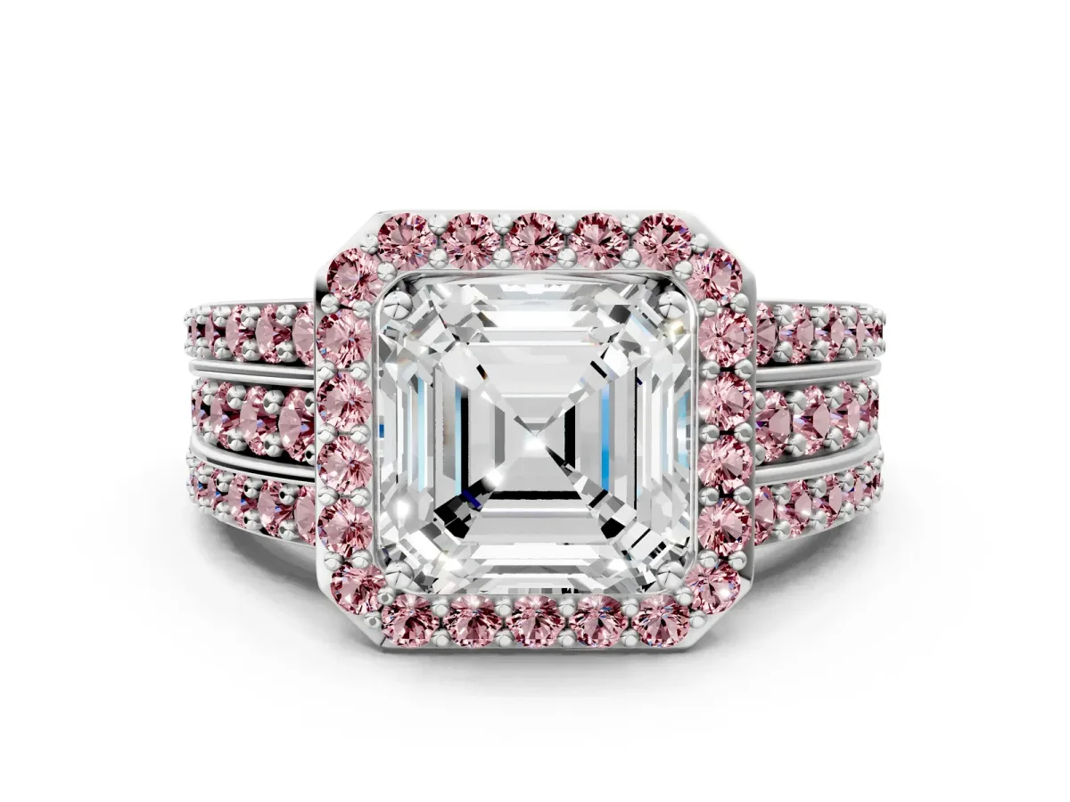 Asscher Cut Halo Diamond Ring with Round Morganite Split Shank and Prong Setting Platinum
