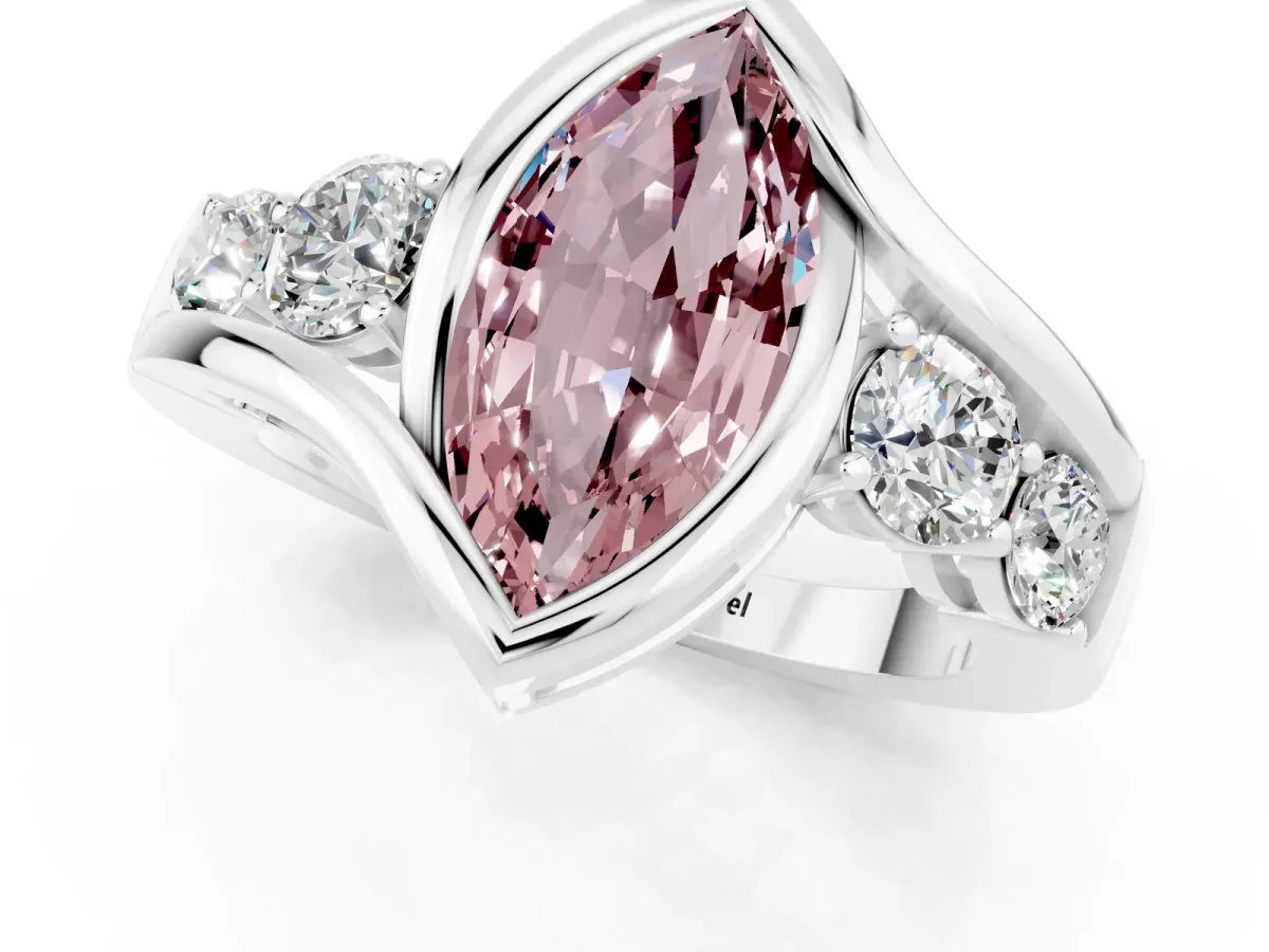 Bezel Set Marquise Cut Morganite Bypass Ring with Round Accents Platinum