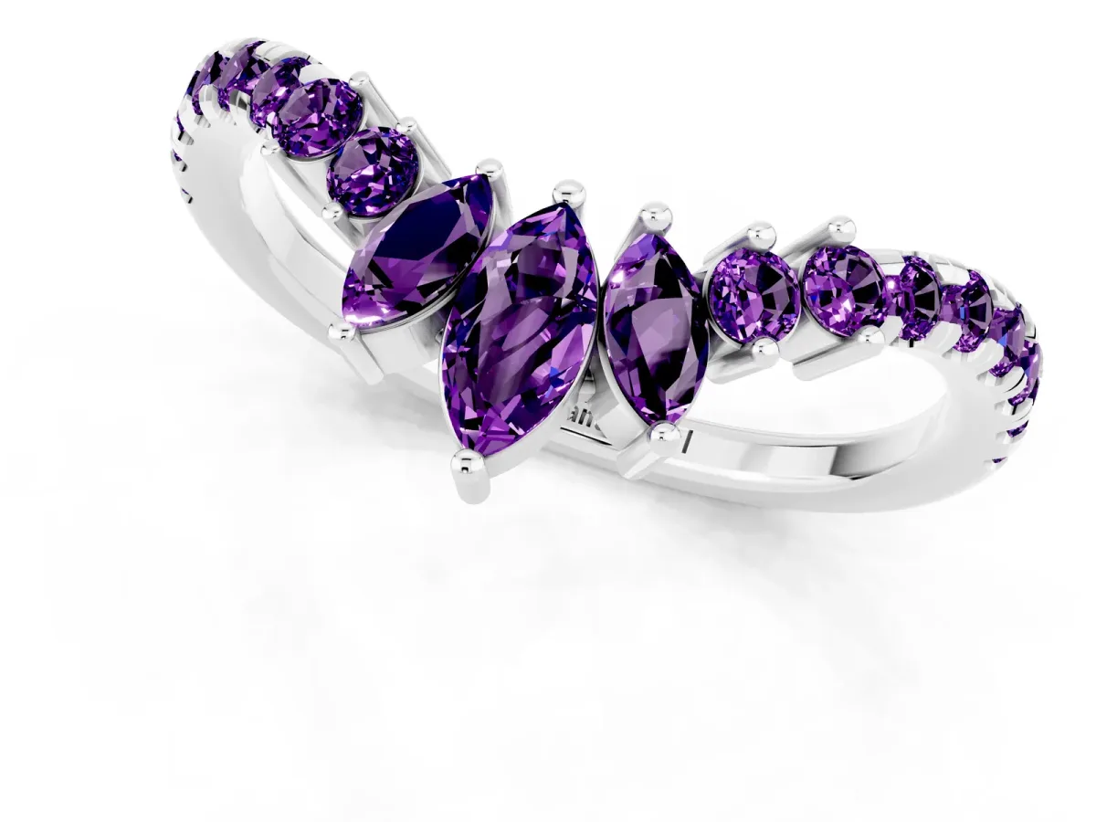 Chevron Marquise and Round Amethyst Open Band with Prong Setting Silver