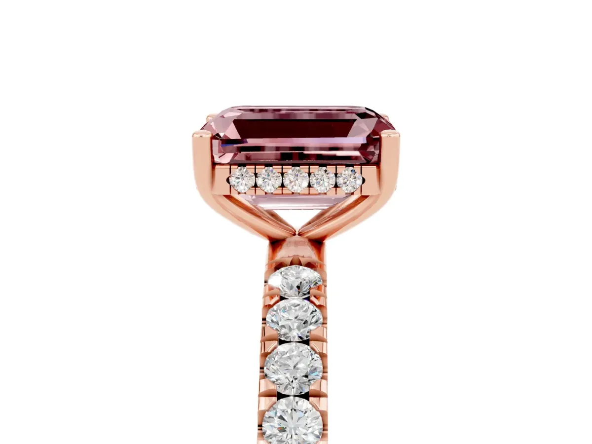 Emerald Cut Morganite Pave Band Solitaire Ring with Round and Prong Setting Rose gold