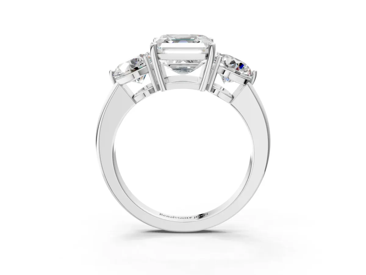Asscher Cut Diamond Three-Stone Ring with Prong Setting and Classic Band Platinum