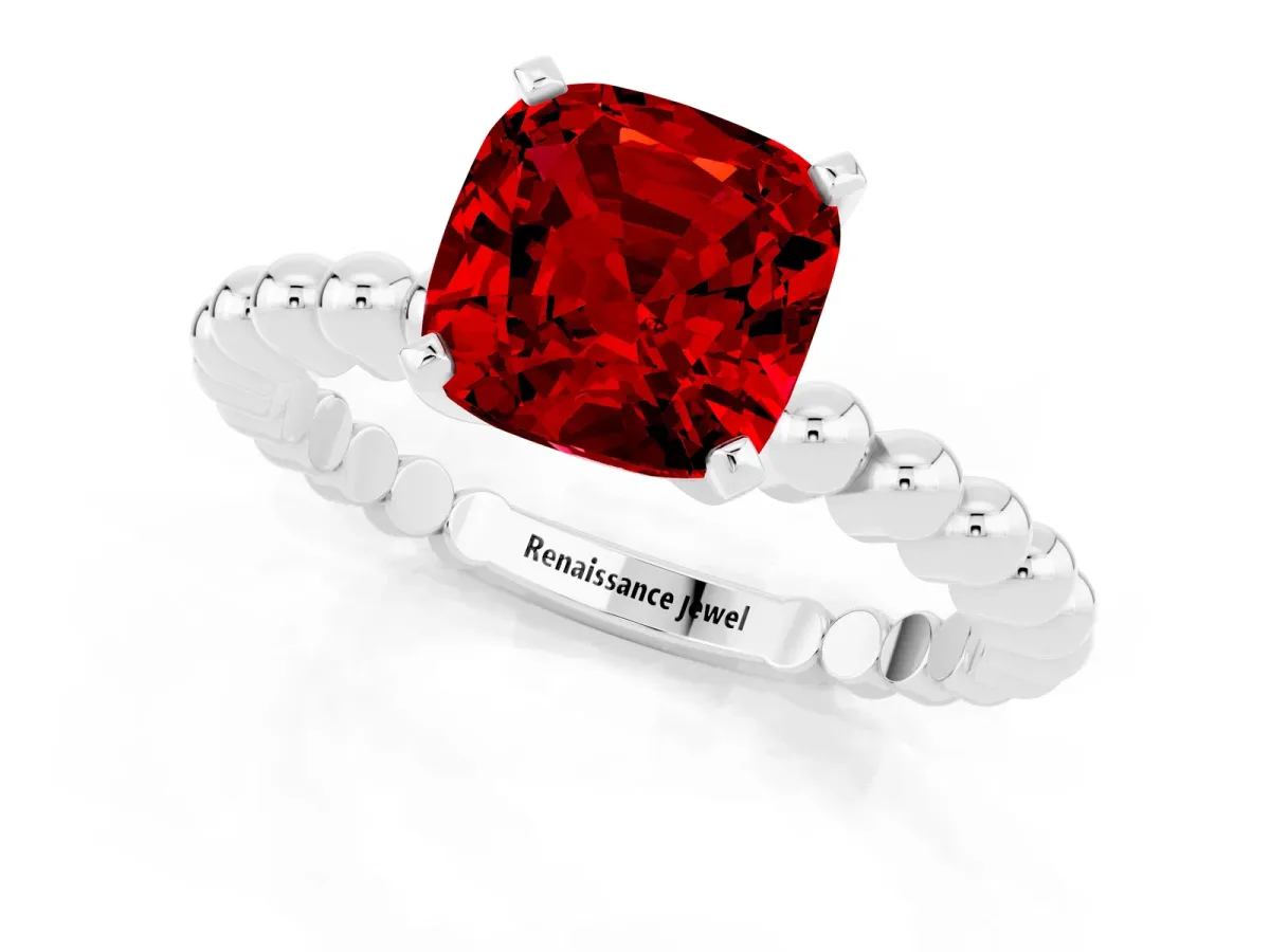 Cushion Cut Ruby Solitaire Ring with Beaded Band and Prong Setting Platinum