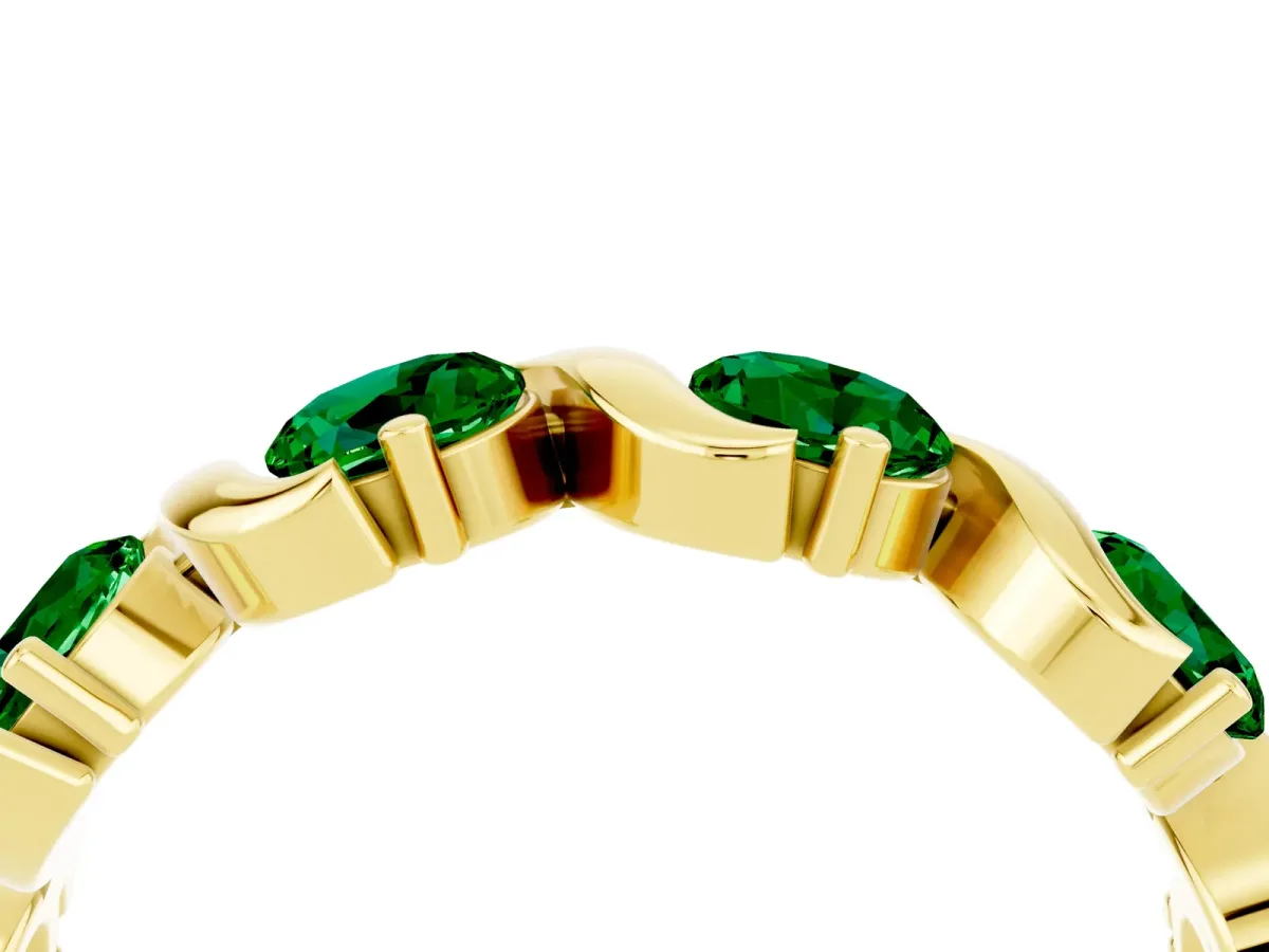 Round Emerald Half Eternity Band with Wave Prong Setting Yellow gold