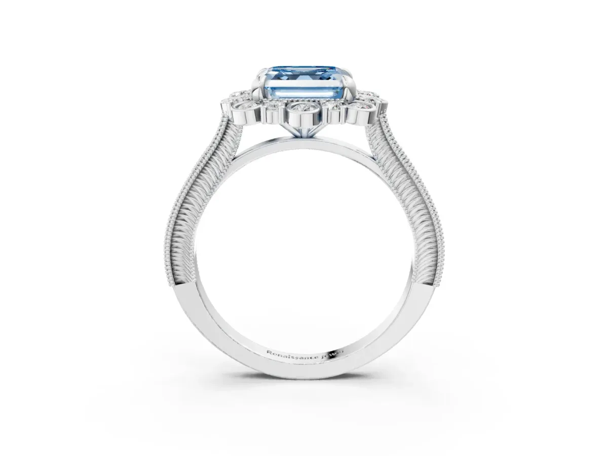 Fancy Blue Asscher Cut Halo Milgrain Pave Diamond Ring with Four-Prong Setting Platinum