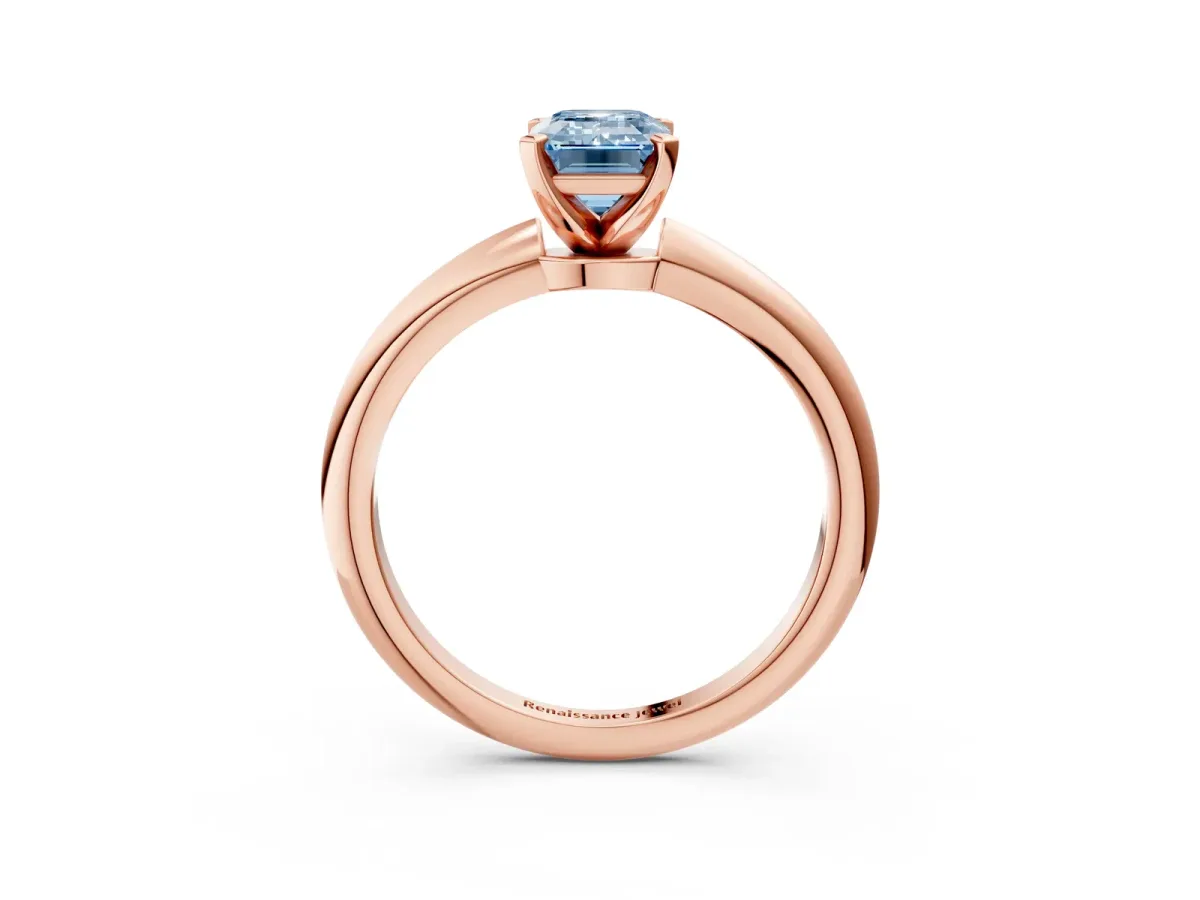 Fancy Blue Emerald Cut Diamond Solitaire Ring with Six-Prong Setting and Classic Band Rose gold