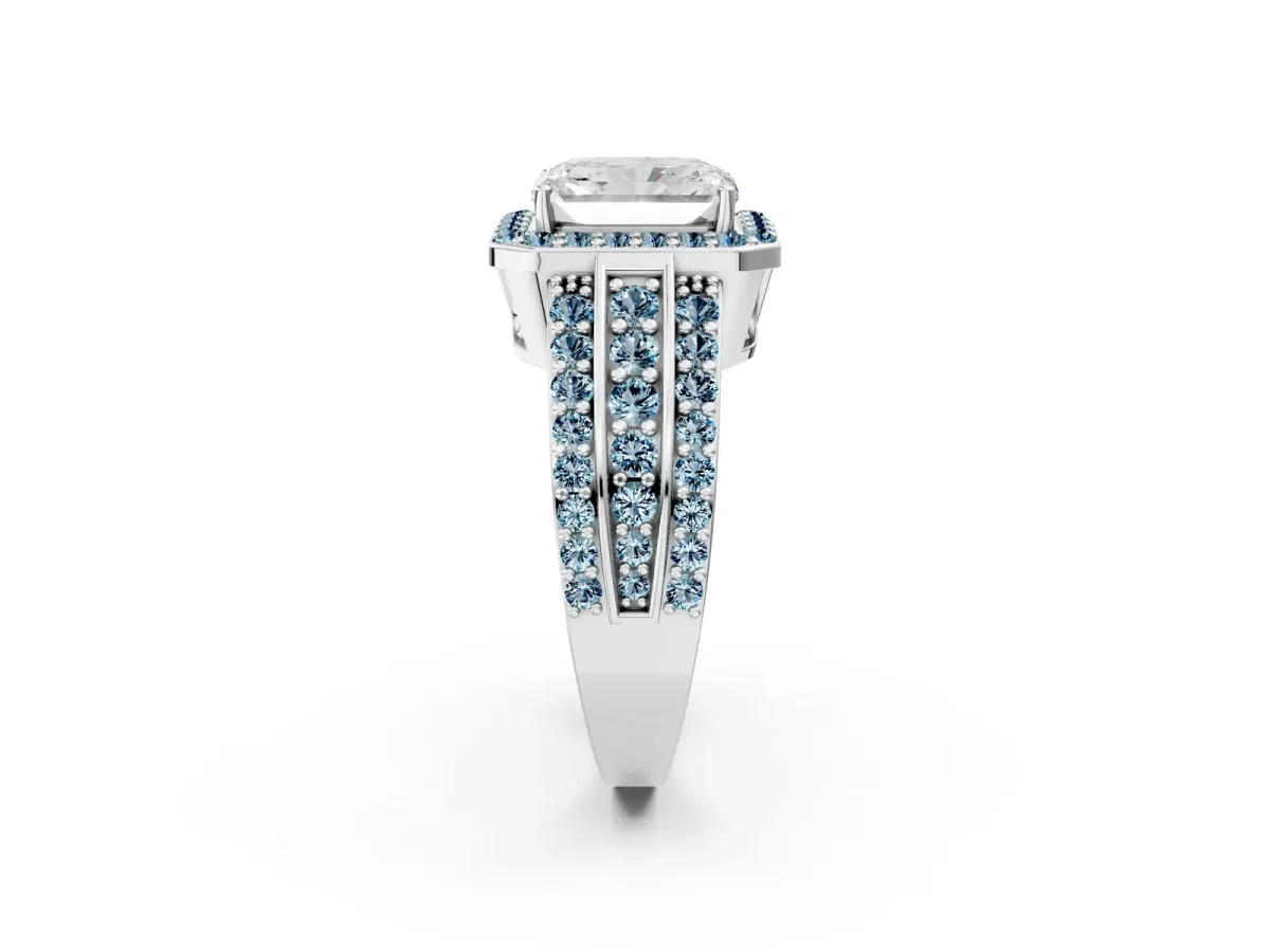 Radiant Cut Halo Diamond Ring with Round Aquamarine Split Shank and Prong Setting Silver