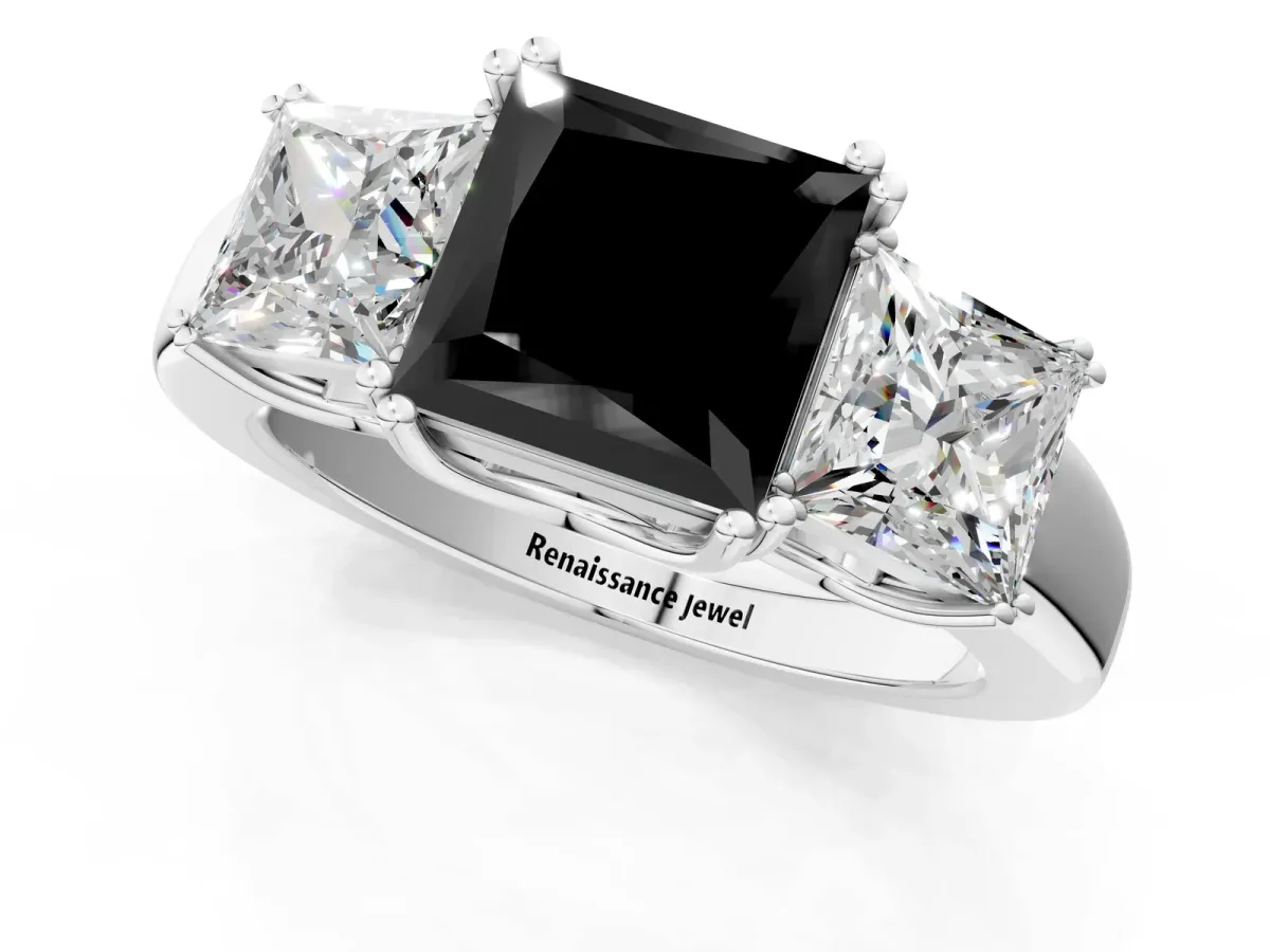 Fancy Black Three-Stone Princess Cut Cut Diamond Ring with Channel Set Band and Four-Prong Setting Silver