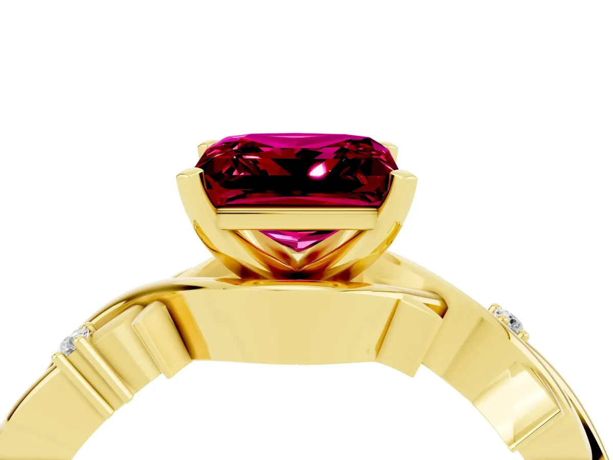 Princess Cut Garnet Solitaire Ring with Twisted Band and Prong Setting Yellow gold