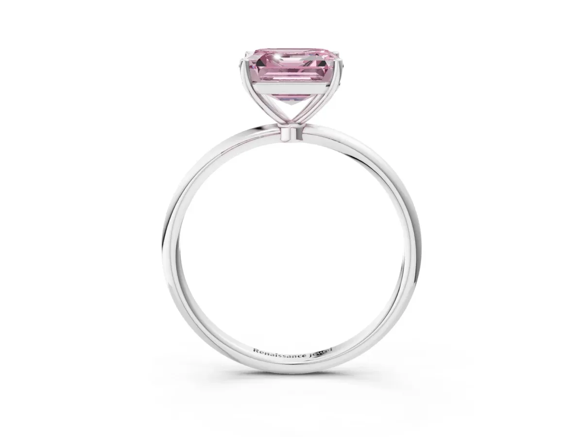 Fancy Pink Asscher Cut Cut Solitaire Engagement Ring with Thin Band and Four-Prong Setting Platinum