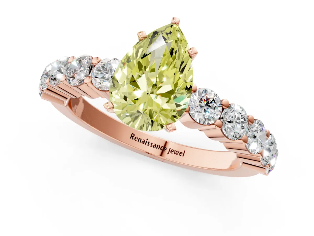 Fancy Yellow Pear Cut Diamond Solitaire Ring with Shared Prong Round Side Stones Rose gold
