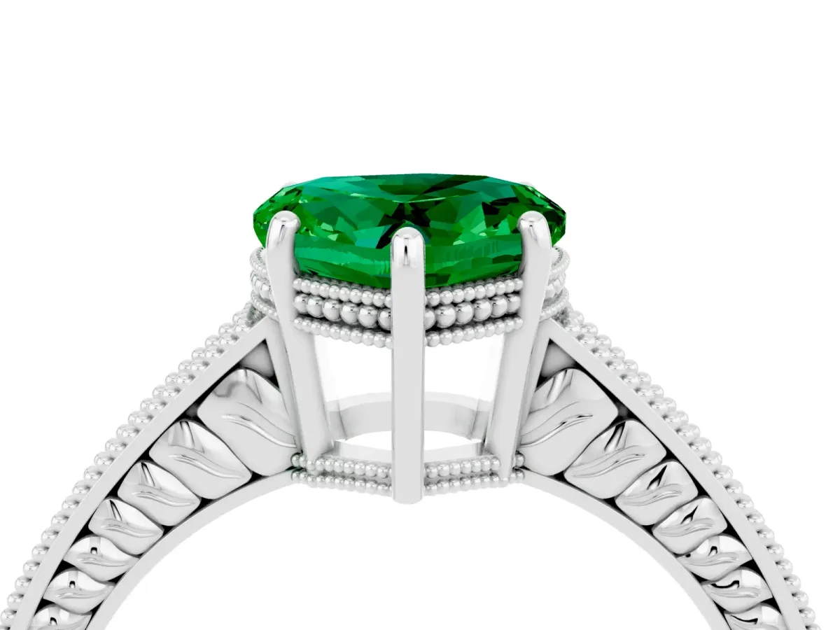 Heart Cut Emerald Ring with Milgrain Pavé Band and Four-Prong Setting Platinum
