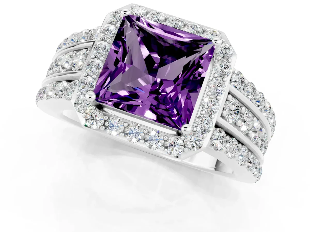 Princess Cut Halo Amethyst Ring with Round Split Shank and Prong Setting Silver