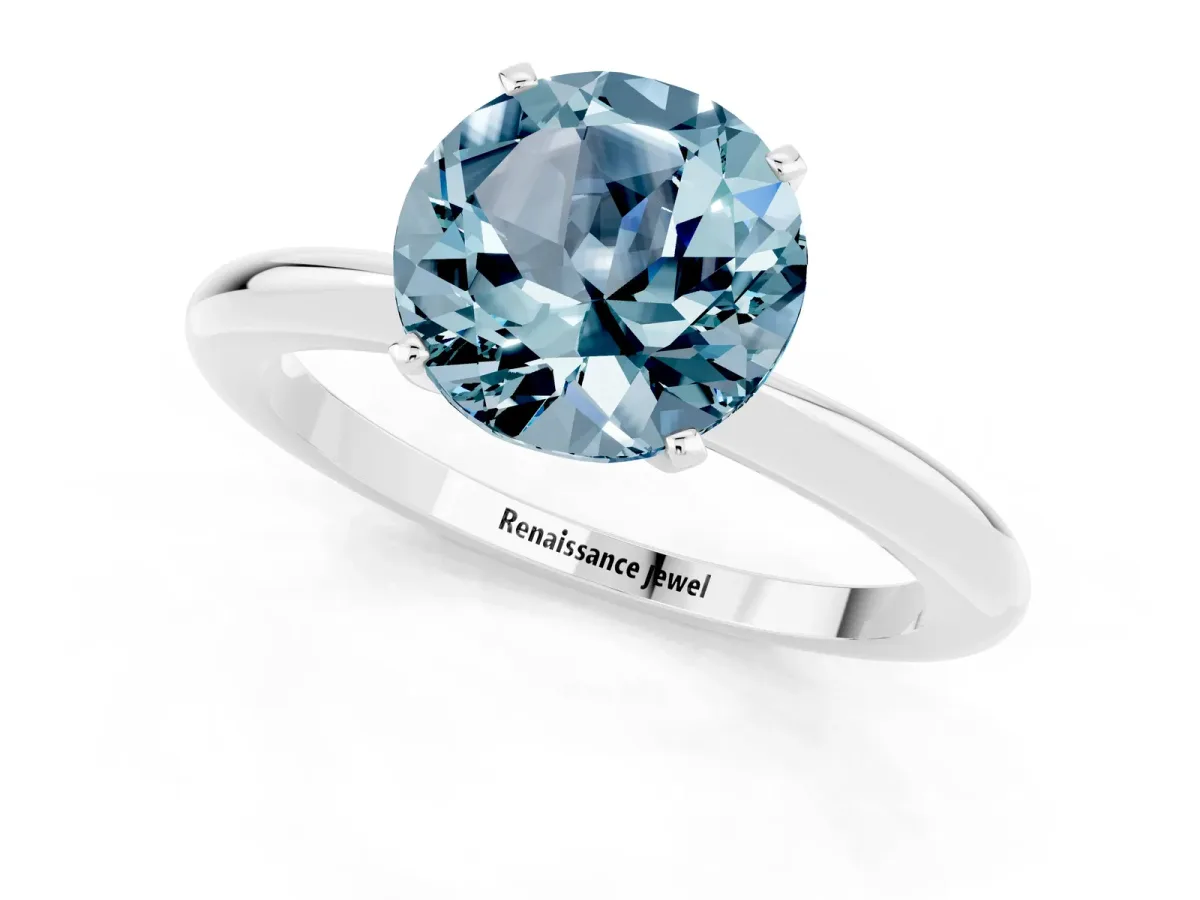 Round Cut Aquamarine Solitaire Ring with Six-Prong Setting and Classic Band Silver