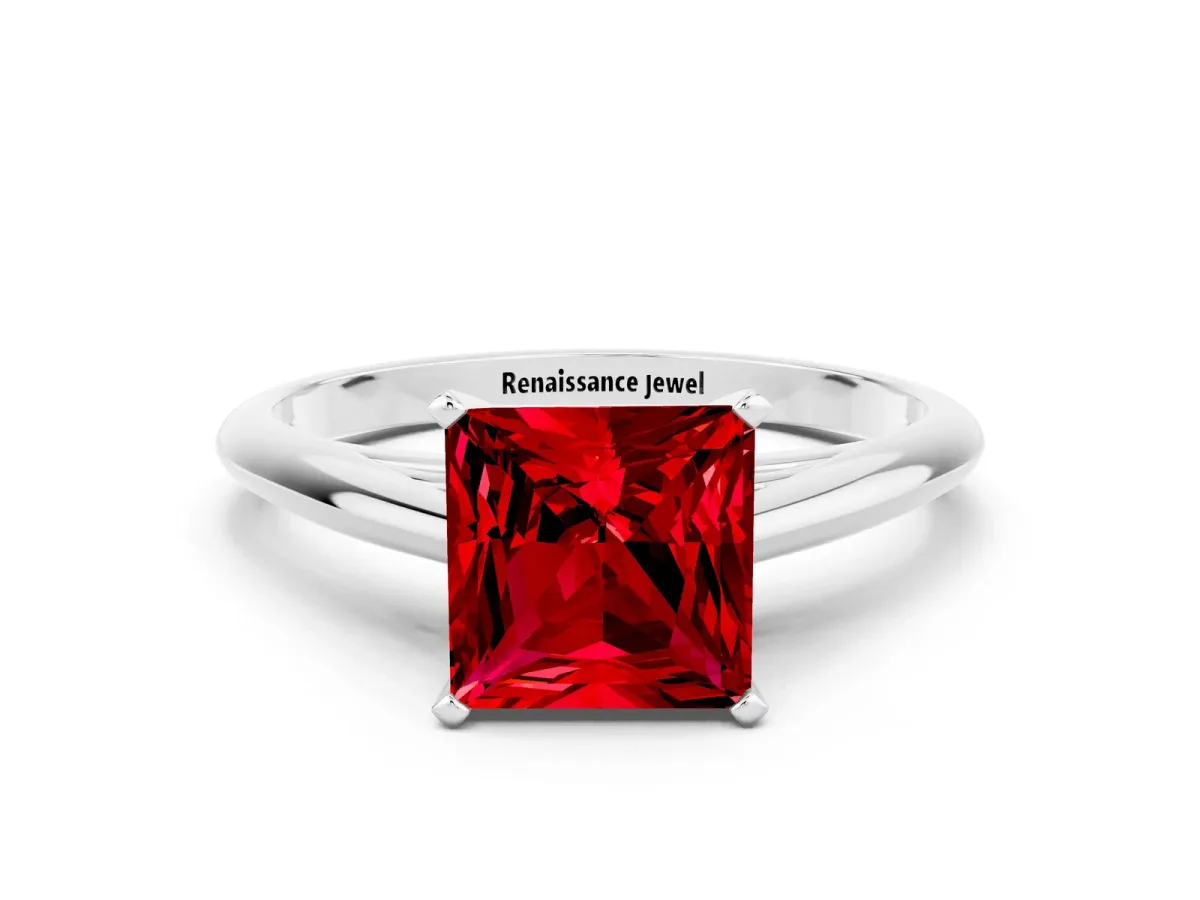 Princess Cut Ruby Solitaire Engagement Ring with Cathedral Setting and Four-Prong Mount White gold