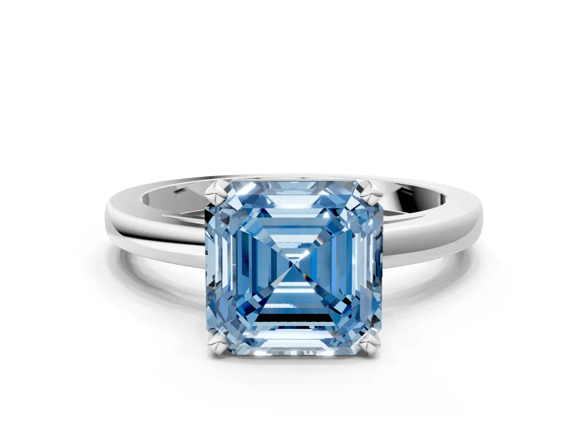 Fancy Blue Asscher Cut Solitaire Diamond Engagement Ring with Four-Prong Setting on a Classic Band Platinum