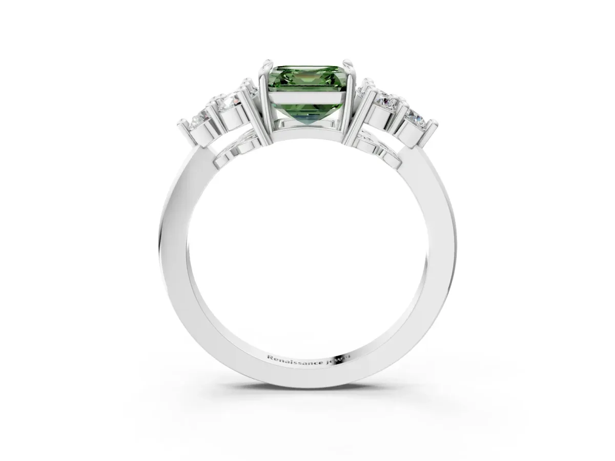 Fancy Green Asscher Cut Brilliant Diamond Cluster Accent Solitaire Ring with Prong Setting Platinum