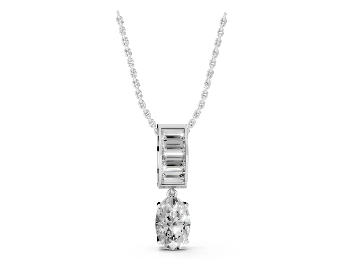 Oval and Baguette Diamond Drop Pendant Silver