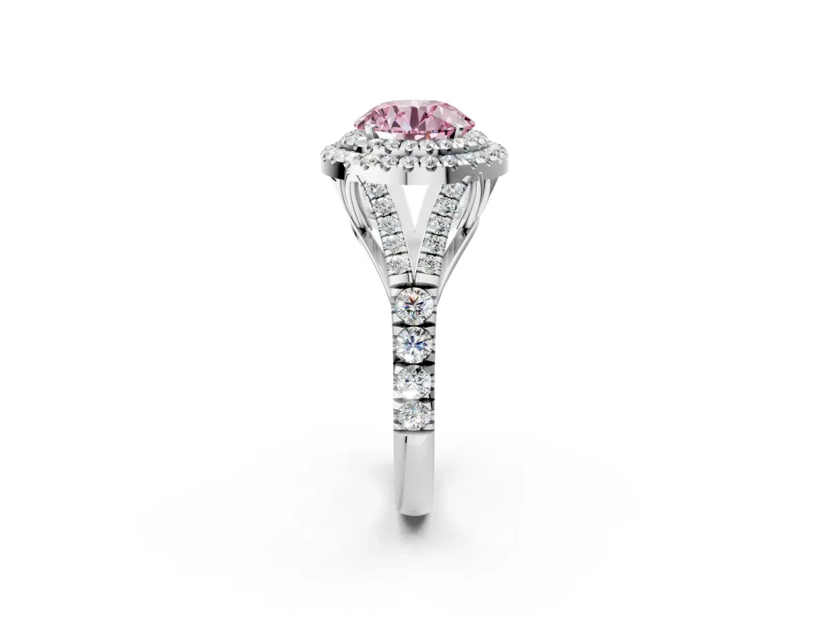Fancy Pink Double Halo Round Cut Diamond Split Shank Engagement Ring with Four-Prong Setting White gold