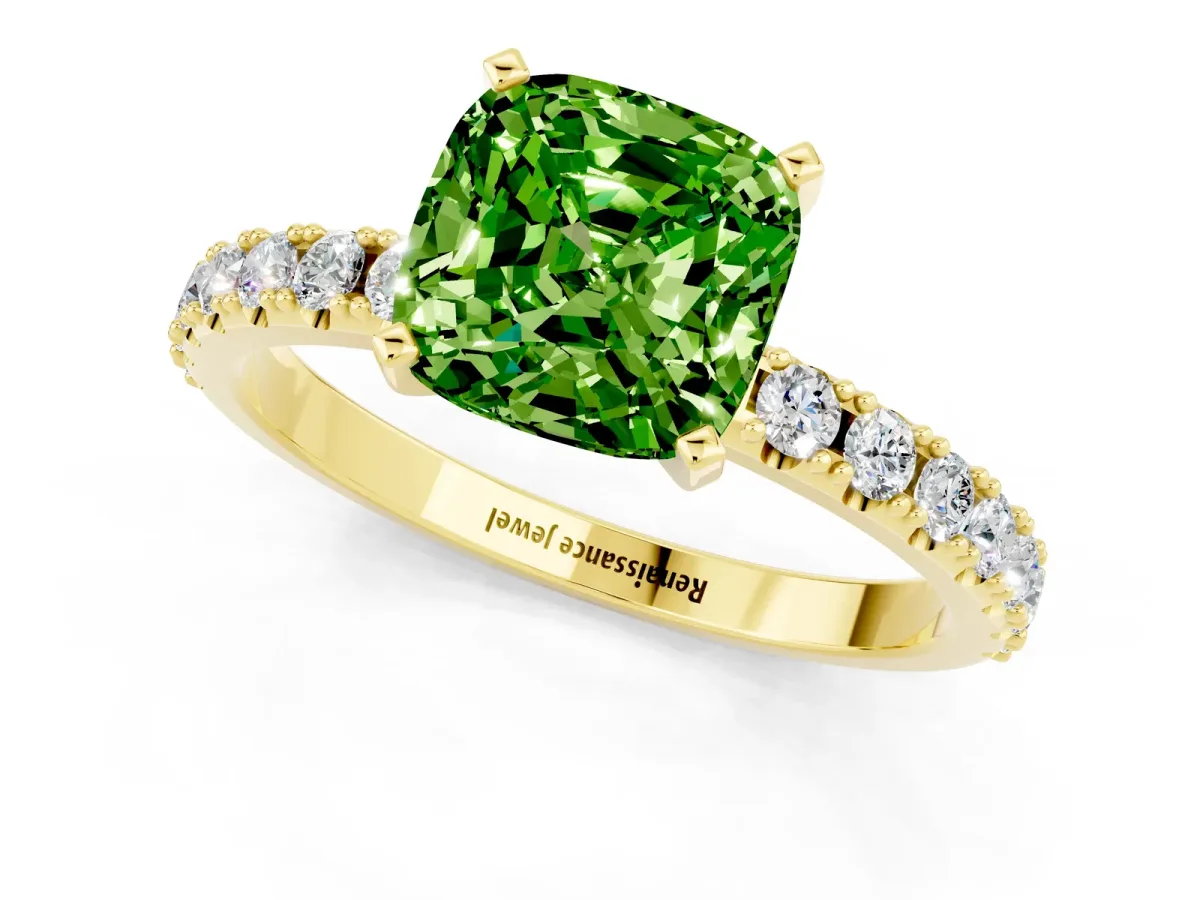Cushion Cut Peridot Solitaire Pavé Band with Four-Prong Setting Yellow gold