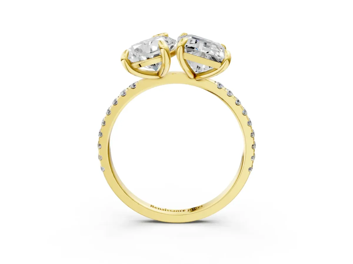 Pear and Emerald Toi Moi Ring with Prong Setting and Micro Pave Band Yellow gold