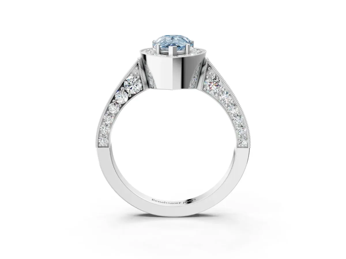 Fancy Blue Pear Cut Halo Diamond Engagement Ring with Split Shank Band and Four-Prong Setting Platinum