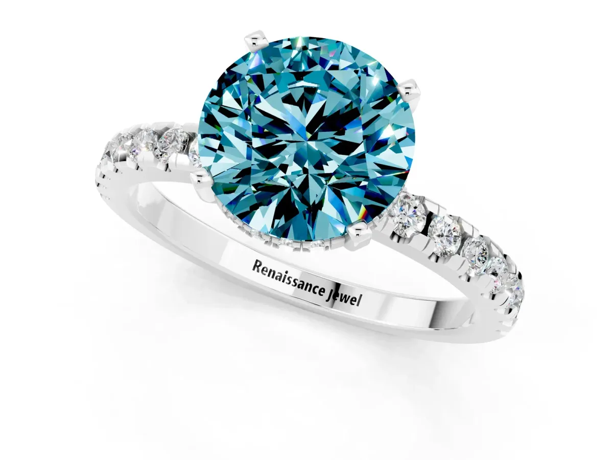 Round Cut Blue Topaz Solitaire Ring with Round Pavé Band and Four-Prong Setting Silver