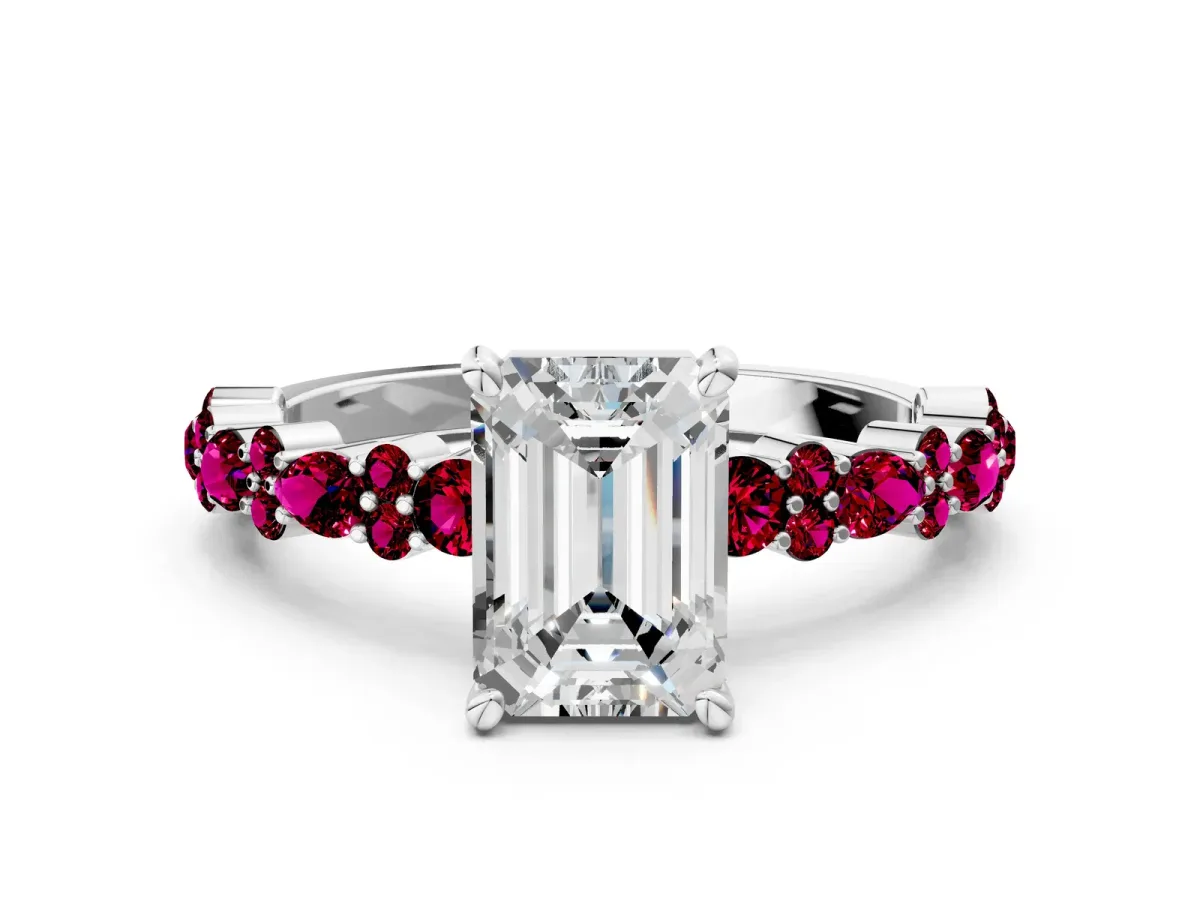 Emerald Cut Diamond Side Stone Solitaire Ring with Round Garnet and Four-Prong Setting Silver