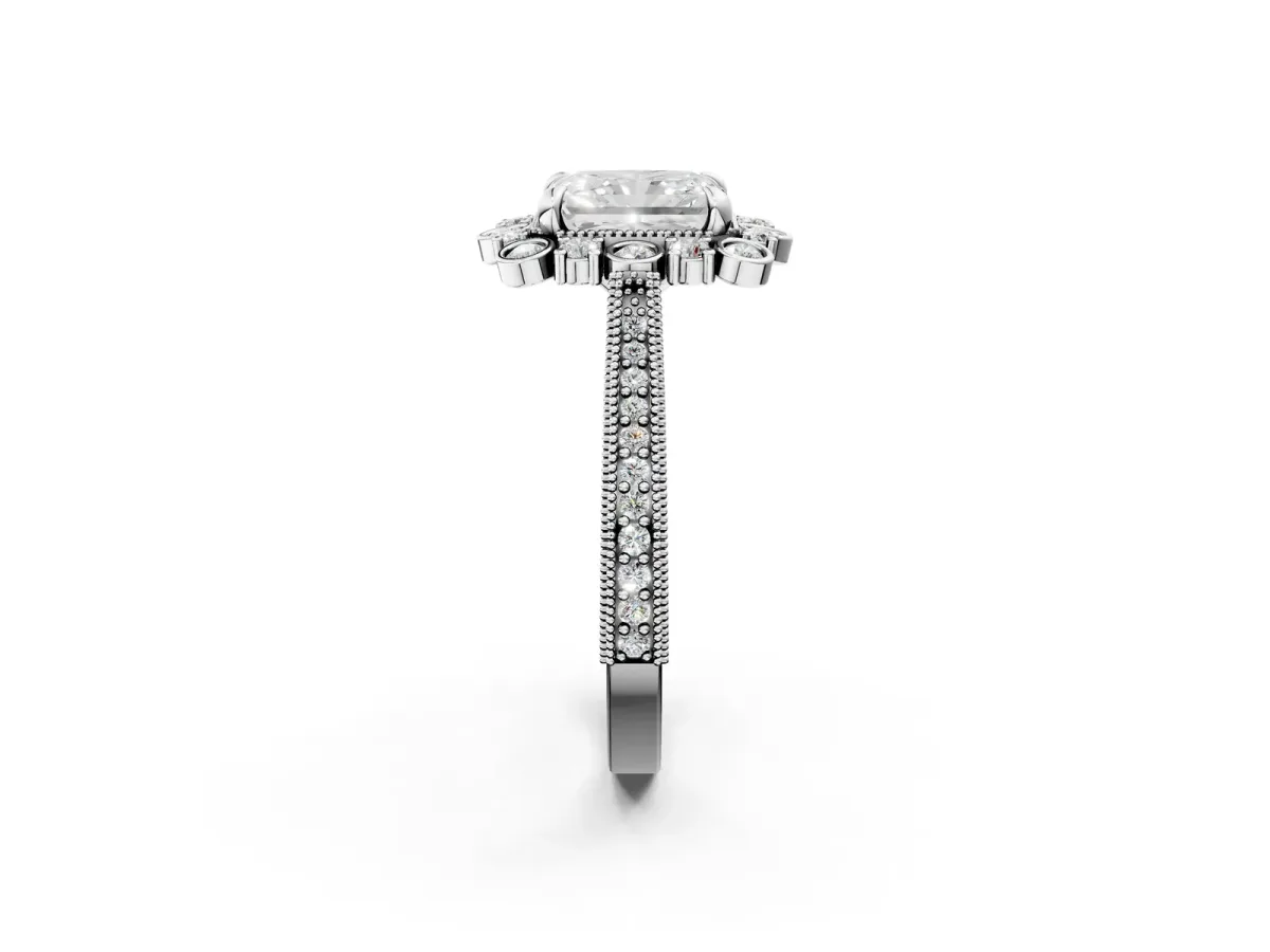 Radiant Cut Halo Milgrain Pave Diamond Ring with Four-Prong Setting Platinum